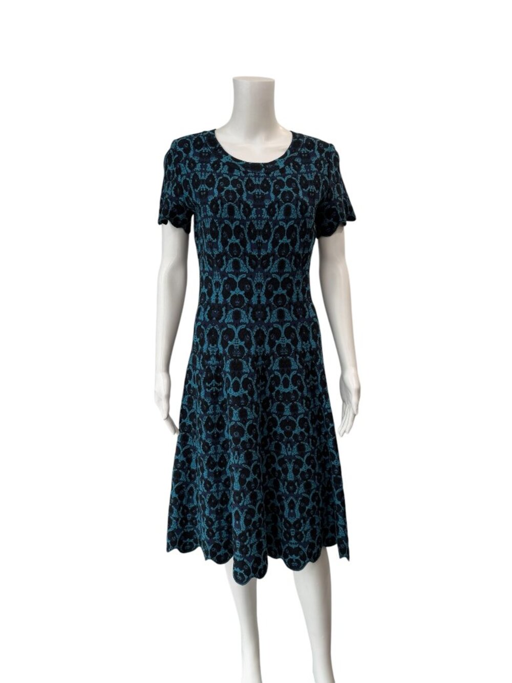 $2850 NWT Alaia Black Blue Geometric Wool Fit & Flare Scallop Dress sz FR 42/10